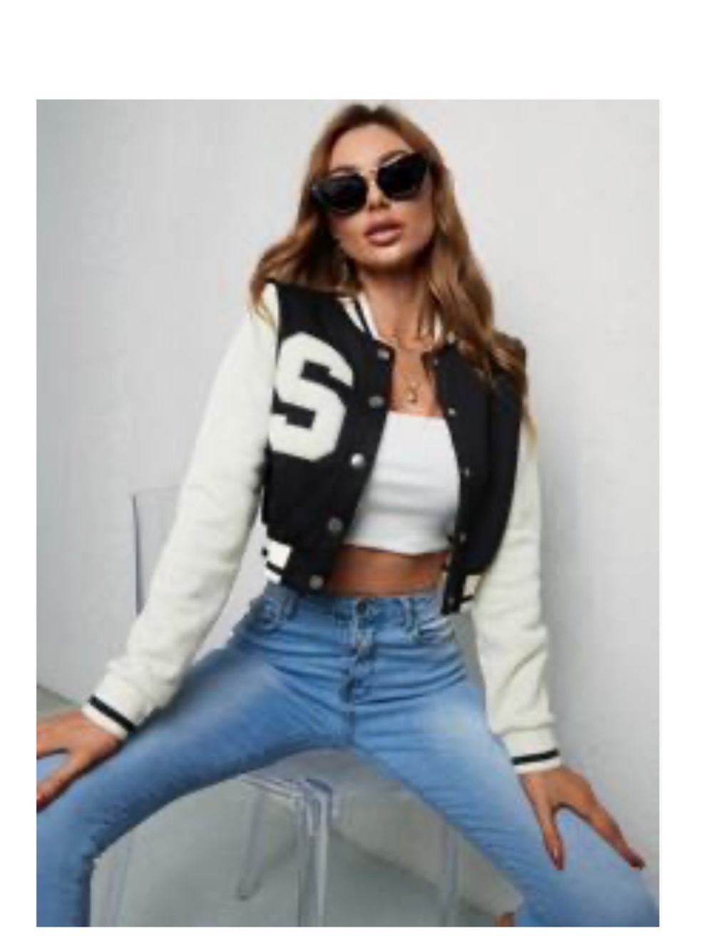 SHEIN Black & White Cropped Varsity Jacket
